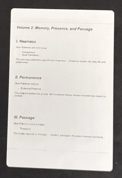 Printed contents card for Volume II listing the chapters Nearness, Permanence, and Passage